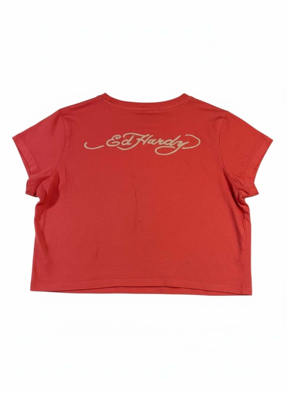 Ed Hardy Y2K Style Baby Tee Crop Top XL Orange Tattoo Graphic Swallow Womens - Picture 2 of 8